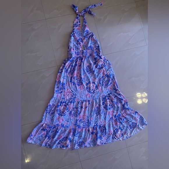 ZESICA Women Summer Halter Tie Neck Sleeveless Blue Floral Maxi Dress Cut Out L - Picture 15 of 16